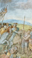 Grupo de soldados romanos con su jefe señalando a san Pedro en la cruz, detalle de la Crucifixión de san Pedro, 1546-50, detalle de PHD 625